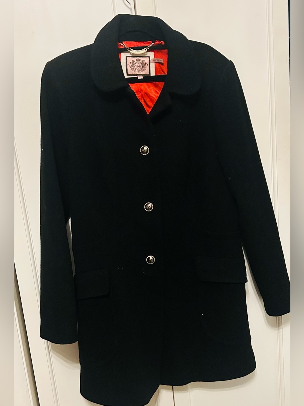 Vintage Juicy Couture Black Wool Pea Coat with Red Satin Lining Women’s Size XL